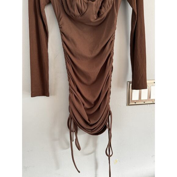Princess Polly Brown Neive Long Sleeve Ribbed Ruched Mini Dress Size 6 - Picture 6 of 7